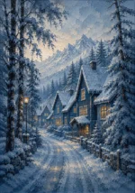 Snowbound Blue Scandinavian Winter Wall Art featuring row of glowing cottages along a frozen lane for refined interiors