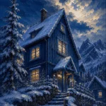 Snowbound Blue Scandinavian Winter Wall Art featuring steep-roofed farmhouse under a cobalt evening sky for refined interiors
