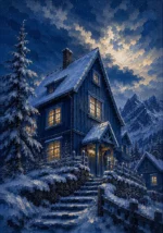 Snowbound Blue Scandinavian Winter Wall Art featuring steep-roofed farmhouse under a cobalt evening sky for refined interiors