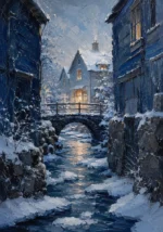 Snowbound Blue Scandinavian Winter Wall Art featuring small bridge crossing an ice-edged stream for refined interiors
