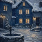 Snowbound Blue Scandinavian Winter Wall Art featuring village square illuminated by warm window light for refined interiors