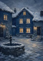 Snowbound Blue Scandinavian Winter Wall Art featuring village square illuminated by warm window light for refined interiors