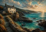 Cornish Tide Cornwall Wall Art featuring whitewashed harbor cottage above turquoise water for refined interiors