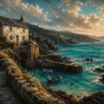 Cornish Tide Cornwall Wall Art featuring whitewashed harbor cottage above turquoise water for refined interiors