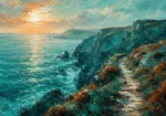 Cornish Tide Cornwall Wall Art featuring narrow cliff path leading toward a distant headland for refined interiors