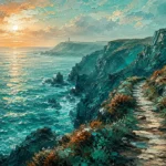 Cornish Tide Cornwall Wall Art featuring narrow cliff path leading toward a distant headland for refined interiors