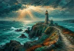 Cornish Tide Cornwall Wall Art featuring old stone lighthouse facing breaking waves for refined interiors