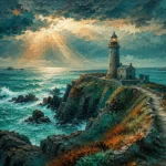 Cornish Tide Cornwall Wall Art featuring old stone lighthouse facing breaking waves for refined interiors