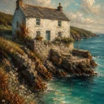 Cornish Tide Cornwall Wall Art featuring whitewashed harbor cottage above turquoise water for refined interiors