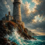Cornish Tide Cornwall Wall Art featuring old stone lighthouse facing breaking waves for refined interiors