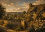 Cotswold Honey Cotswolds Wall Art featuring thatched cottage behind an old garden wall for refined interiors