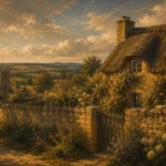Cotswold Honey Cotswolds Wall Art featuring thatched cottage behind an old garden wall for refined interiors