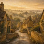 Cotswold Honey Cotswolds Wall Art featuring narrow lane curving between honey-stone houses for refined interiors