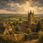 Cotswold Honey Cotswolds Wall Art featuring medieval church tower above rolling green fields for refined interiors
