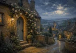 Cotswold Honey Cotswolds Wall Art featuring arched cottage doorway covered in climbing roses for refined interiors
