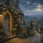 Cotswold Honey Cotswolds Wall Art featuring arched cottage doorway covered in climbing roses for refined interiors
