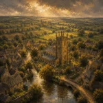 Cotswold Honey Cotswolds Wall Art featuring medieval church tower above rolling green fields for refined interiors