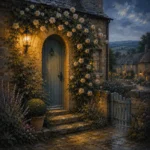 Cotswold Honey Cotswolds Wall Art featuring arched cottage doorway covered in climbing roses for refined interiors