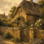 Cotswold Honey Cotswolds Wall Art featuring thatched cottage behind an old garden wall for refined interiors