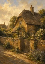 Cotswold Honey Cotswolds Wall Art featuring thatched cottage behind an old garden wall for refined interiors