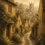 Cotswold Honey Cotswolds Wall Art featuring narrow lane curving between honey-stone houses for refined interiors