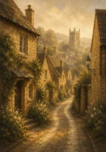Cotswold Honey Cotswolds Wall Art featuring narrow lane curving between honey-stone houses for refined interiors