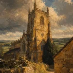 Cotswold Honey Cotswolds Wall Art featuring medieval church tower above rolling green fields for refined interiors