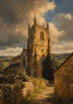 Cotswold Honey Cotswolds Wall Art featuring medieval church tower above rolling green fields for refined interiors