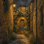 Cotswold Honey Cotswolds Wall Art featuring arched cottage doorway covered in climbing roses for refined interiors