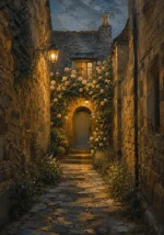 Cotswold Honey Cotswolds Wall Art featuring arched cottage doorway covered in climbing roses for refined interiors