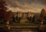 Manor Merlot English Manor Wall Art featuring symmetrical manor facade beyond clipped yew hedges for refined interiors