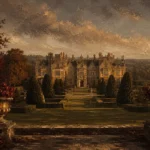 Manor Merlot English Manor Wall Art featuring symmetrical manor facade beyond clipped yew hedges for refined interiors
