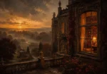 Manor Merlot English Manor Wall Art featuring mahogany library window glowing at twilight for refined interiors