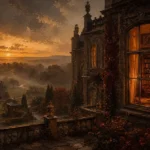 Manor Merlot English Manor Wall Art featuring mahogany library window glowing at twilight for refined interiors