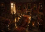 Manor Merlot English Manor Wall Art featuring grand staircase beneath ancestral portrait frames for refined interiors