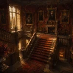 Manor Merlot English Manor Wall Art featuring grand staircase beneath ancestral portrait frames for refined interiors