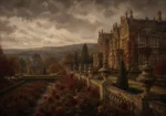 Manor Merlot English Manor Wall Art featuring formal rose garden aligned with a stone terrace for refined interiors