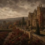 Manor Merlot English Manor Wall Art featuring formal rose garden aligned with a stone terrace for refined interiors