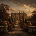 Manor Merlot English Manor Wall Art featuring symmetrical manor facade beyond clipped yew hedges for refined interiors