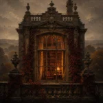 Manor Merlot English Manor Wall Art featuring mahogany library window glowing at twilight for refined interiors