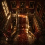 Manor Merlot English Manor Wall Art featuring grand staircase beneath ancestral portrait frames for refined interiors