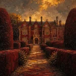 Manor Merlot English Manor Wall Art featuring symmetrical manor facade beyond clipped yew hedges for refined interiors