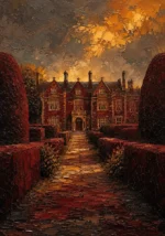 Manor Merlot English Manor Wall Art featuring symmetrical manor facade beyond clipped yew hedges for refined interiors
