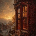 Manor Merlot English Manor Wall Art featuring mahogany library window glowing at twilight for refined interiors