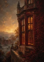 Manor Merlot English Manor Wall Art featuring mahogany library window glowing at twilight for refined interiors
