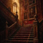 Manor Merlot English Manor Wall Art featuring grand staircase beneath ancestral portrait frames for refined interiors