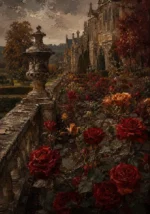 Manor Merlot English Manor Wall Art featuring formal rose garden aligned with a stone terrace for refined interiors