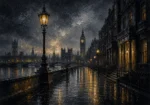 London Gaslight London Wall Art featuring solitary gas lamp glowing beside Georgian facades for refined interiors