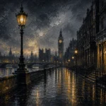 London Gaslight London Wall Art featuring solitary gas lamp glowing beside Georgian facades for refined interiors