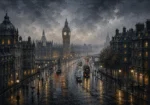 London Gaslight London Wall Art featuring rain-polished street leading toward a distant clock tower for refined interiors